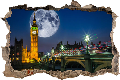 Big Ben vor Mond in London  3D Wandtattoo Wanddurchbruch