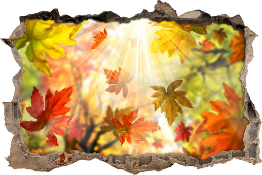 Fliegende bunte Herbstblätter  3D Wandtattoo Wanddurchbruch