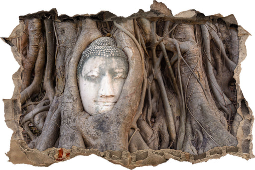Buddha Kopf im Baum  3D Wandtattoo Wanddurchbruch