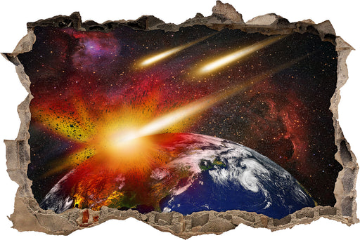 Erde mit Kometeneinschlag  3D Wandtattoo Wanddurchbruch