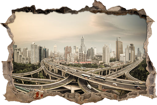 Beeindruckende Shanghai Autobahn  3D Wandtattoo Wanddurchbruch