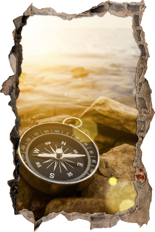 Kompass auf Steinen Reiselust  3D Wandtattoo Wanddurchbruch
