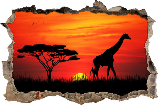 Giraffe im Sonnenuntergang  3D Wandtattoo Wanddurchbruch