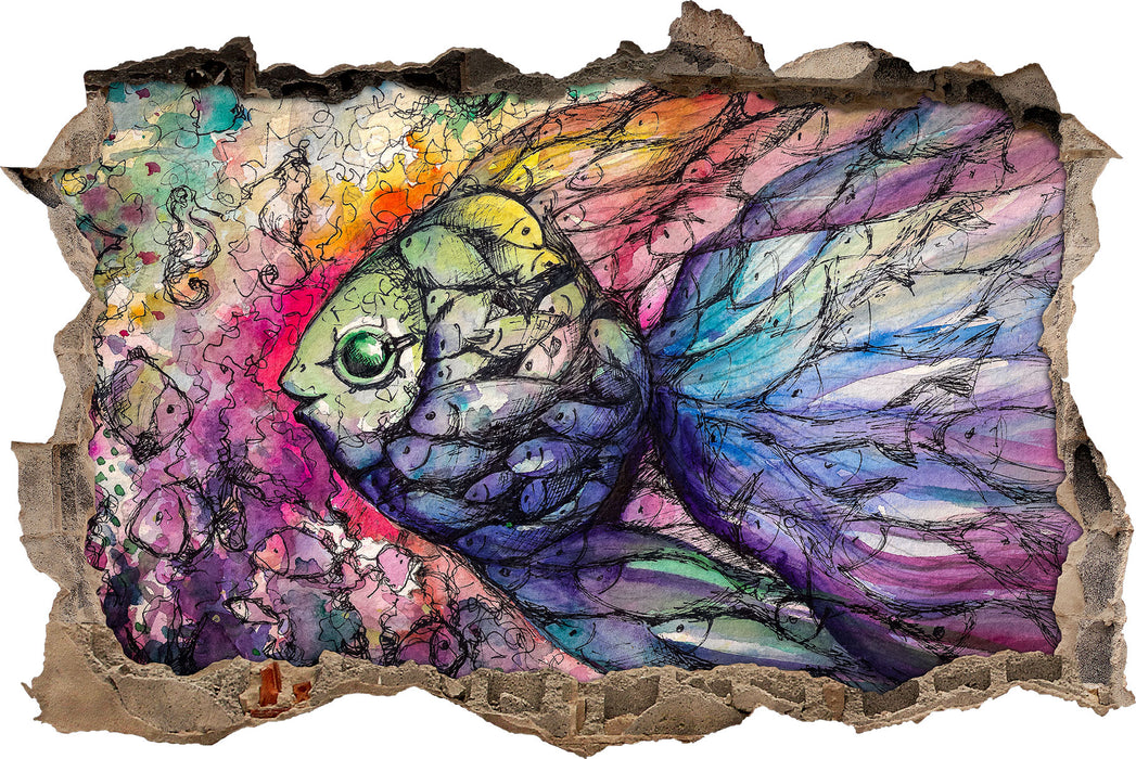 Pixxprint Bunte Fische Kunst, 3D Wandtattoo