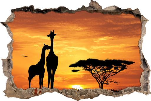 Giraffen im Sonnenuntergang  3D Wandtattoo Wanddurchbruch