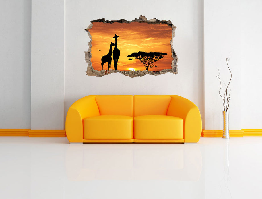 Giraffen im Sonnenuntergang 3D Wandtattoo Wanddurchbruch Wand