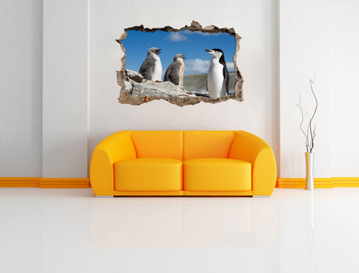Pinguin mit süßen Küken 3D Wandtattoo Wanddurchbruch Wand