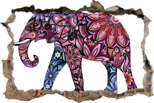Elefant mit Ornamenten  3D Wandtattoo Wanddurchbruch