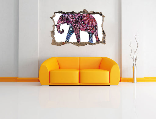 Elefant mit Ornamenten 3D Wandtattoo Wanddurchbruch Wand