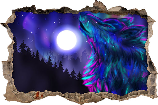 Abstrakter Wolf mit Mond  3D Wandtattoo Wanddurchbruch