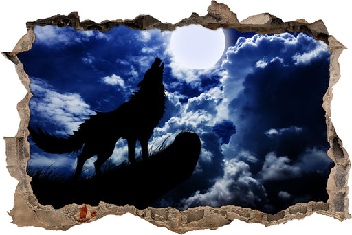 Wolf im Mondschein 3D Wandtattoo Wanddurchbruch