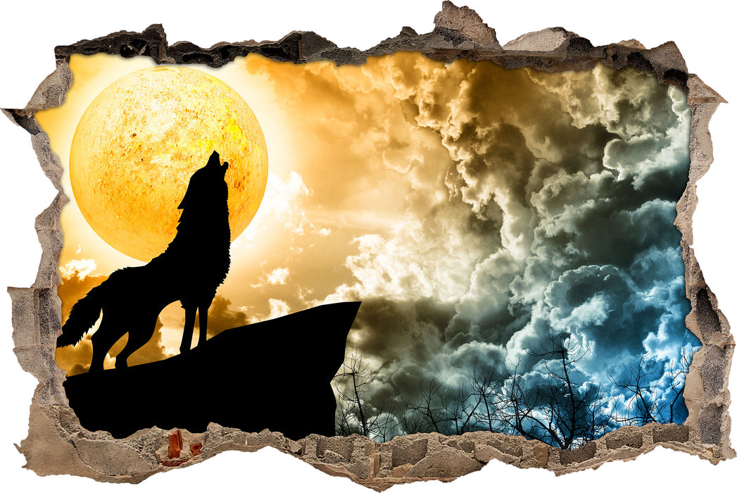 Pixxprint Wolf heult den Mond an, 3D Wandtattoo