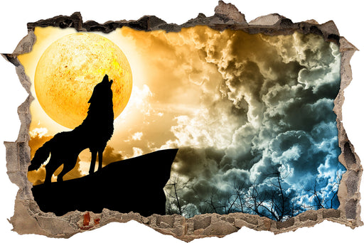 Wolf heult den Mond an  3D Wandtattoo Wanddurchbruch