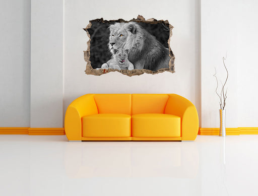 Löwe kuschelt mit kleinem Jungtier 3D Wandtattoo Wanddurchbruch Wand