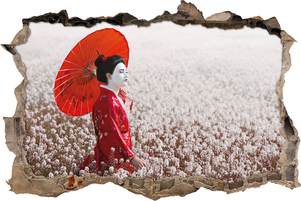 Geisha auf dem Feld  3D Wandtattoo Wanddurchbruch