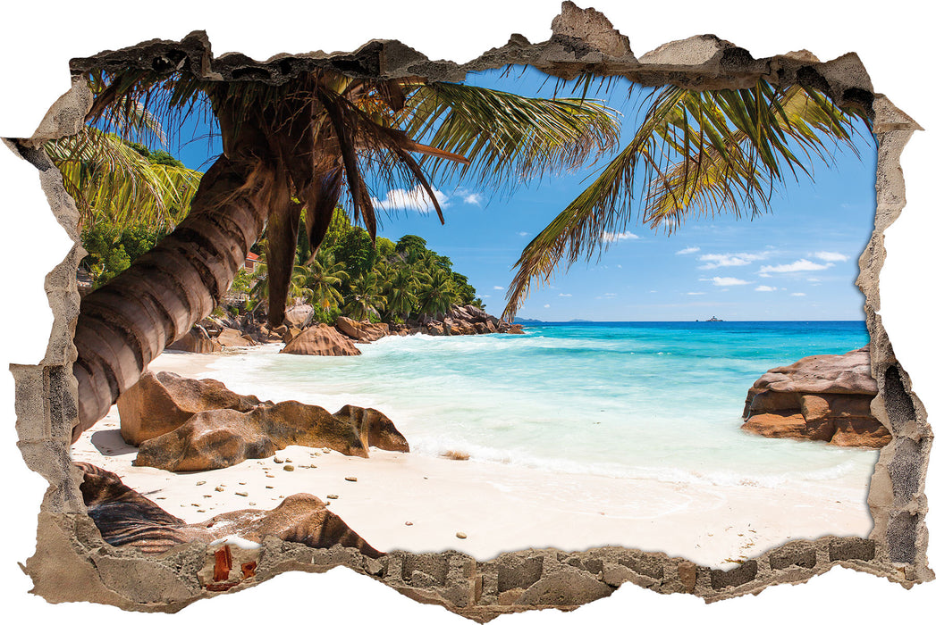 Palmenstrand Seychellen 3D Wandtattoo Wanddurchbruch