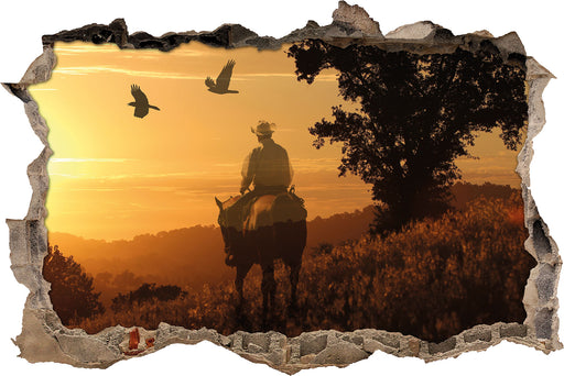 Ein Cowboy im Sonnenuntergang  3D Wandtattoo Wanddurchbruch
