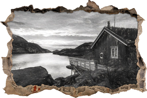 Sonnenaufgang am Fjord Norwegens B&W 3D Wandtattoo Wanddurchbruch