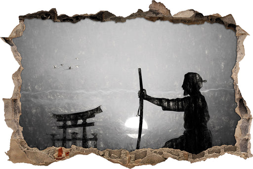 Samurai-Meister vor HorizontB&W 3D Wandtattoo Wanddurchbruch