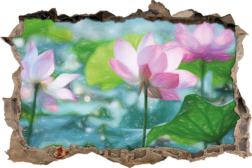 Asiatische Lotusblüte im Teich 3D Wandtattoo Wanddurchbruch
