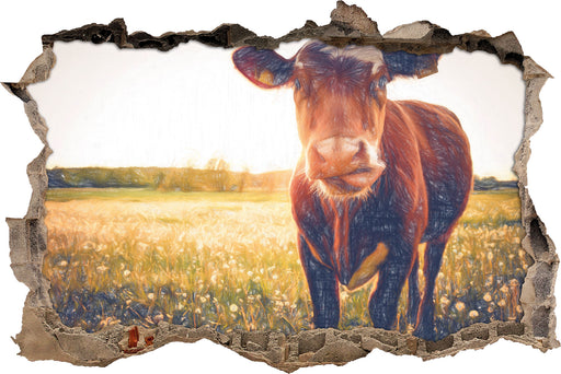 Kuh auf Butterblumenwiese 3D Wandtattoo Wanddurchbruch