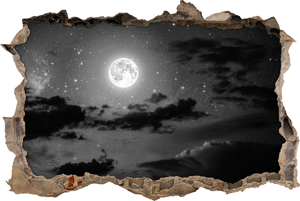 Pixxprint Leuchtender Mond am Nachthimmel B&W, 3D Wandtattoo