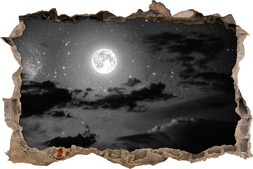 Leuchtender Mond am Nachthimmel B&W 3D Wandtattoo Wanddurchbruch