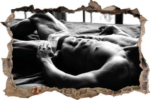 Muskulöser Mann im Bett Kunst B&W 3D Wandtattoo Wanddurchbruch