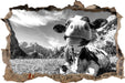 Kuh im Karwendelgebirge Kunst B&W 3D Wandtattoo Wanddurchbruch