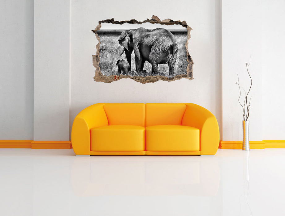 Elefantenweibchen mit Jungtier 3D Wandtattoo Wanddurchbruch Wand