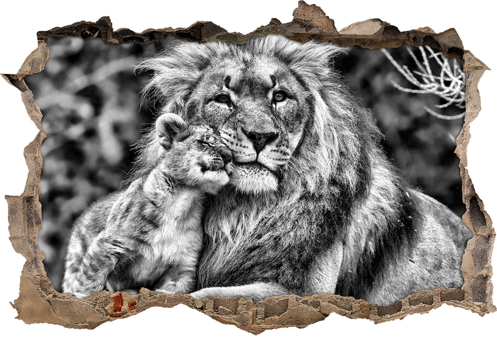 Pixxprint schöner Löwe mit Jungtier B&W, 3D Wandtattoo