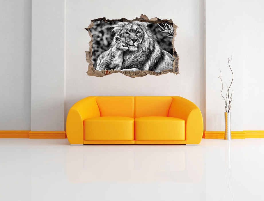 schöner Löwe mit Jungtier B&W 3D Wandtattoo Wanddurchbruch Wand
