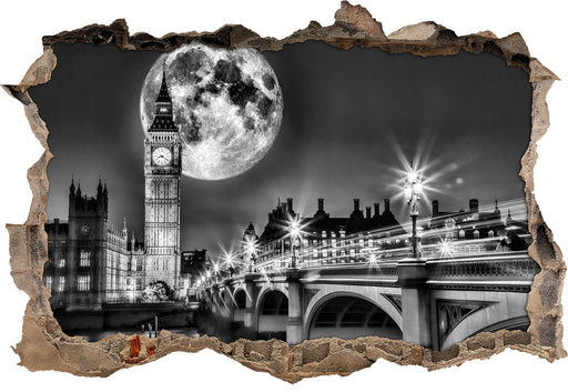 Big Ben vor Mond in London 3D Wandtattoo Wanddurchbruch