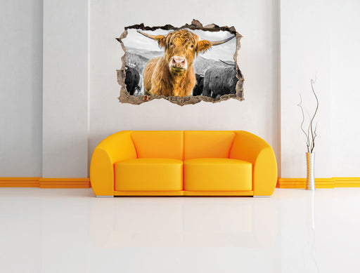 Blick einer Kuh an der Weide B&W 3D Wandtattoo Wanddurchbruch Wand