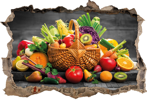 Frisches Obst und Gemüse im Korb 3D Wandtattoo Wanddurchbruch