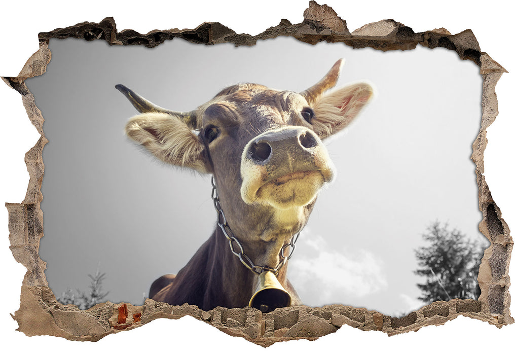 Pixxprint Lustiges Portrait einer Kuh B&W, 3D Wandtattoo