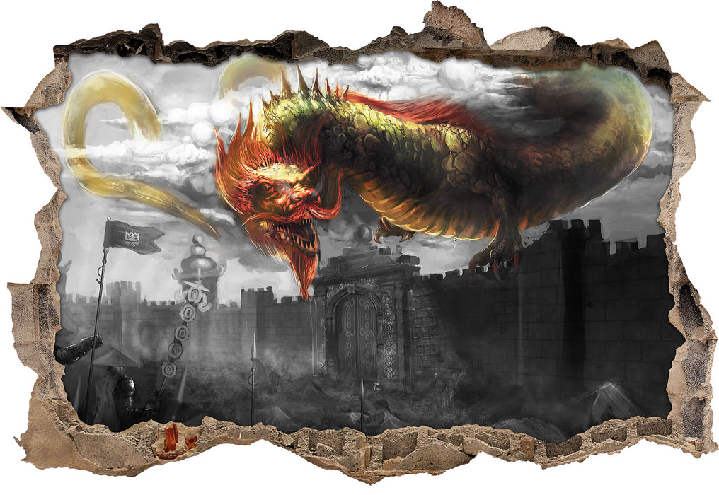 Pixxprint Drache über der Festung, 3D Wandtattoo