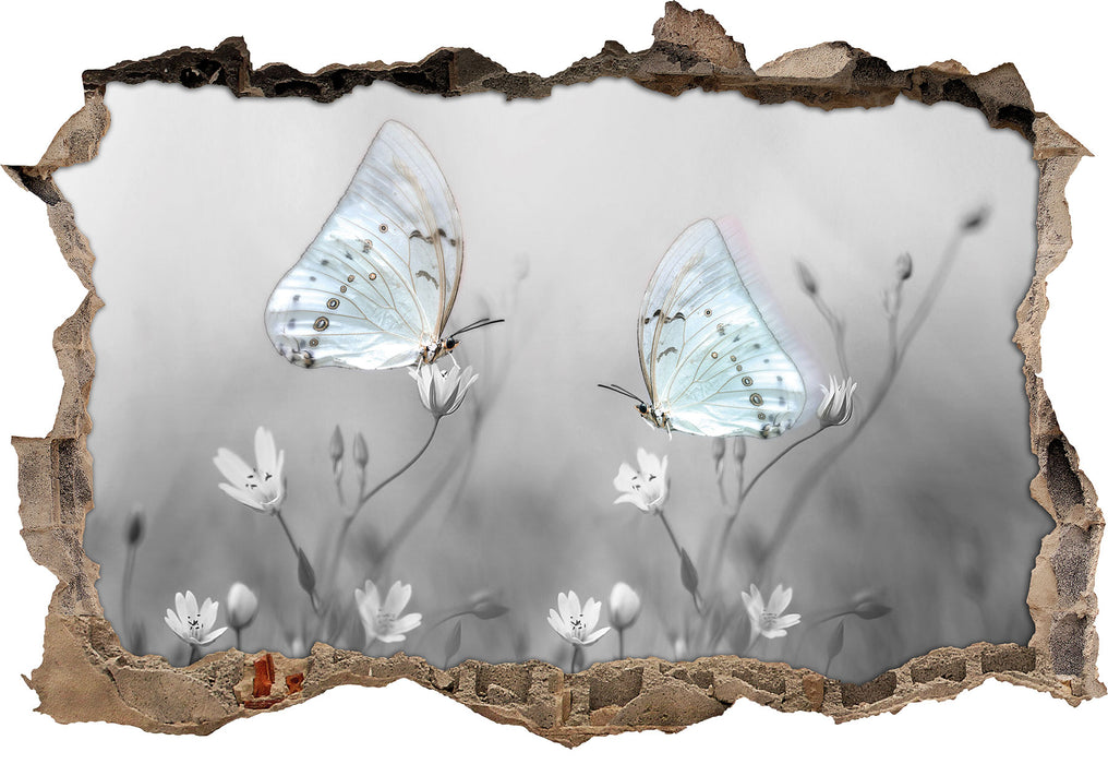 Schmetterling auf kleinen Blumen 3D Wandtattoo Wanddurchbruch