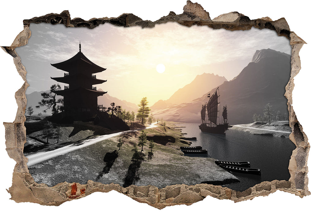 Pixxprint asiatischer Tempel an Fluss B&W, 3D Wandtattoo