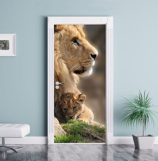 Löwe mit Löwenbaby Türaufkleber im Wohnzimmer