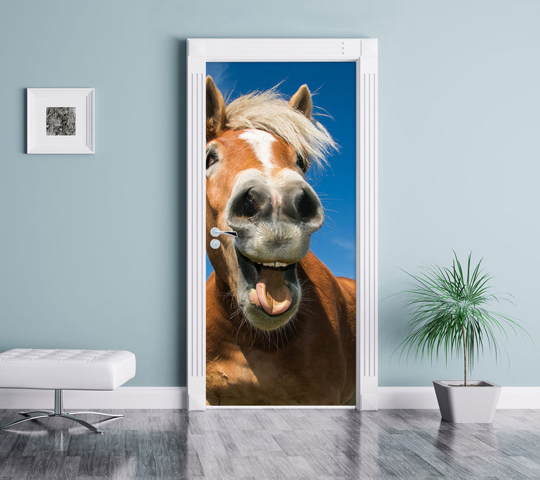 Lustiges Pferd in der Natur Türaufkleber im Wohnzimmer