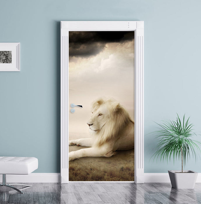 Stolzer weißer Löwenkönig Türaufkleber im Wohnzimmer