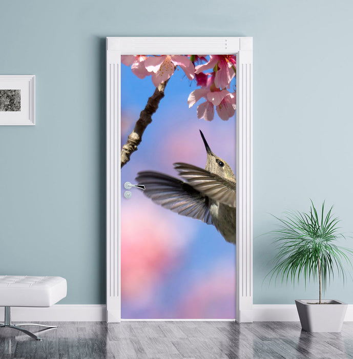 Kolibri an Kirschblüte Türaufkleber im Wohnzimmer