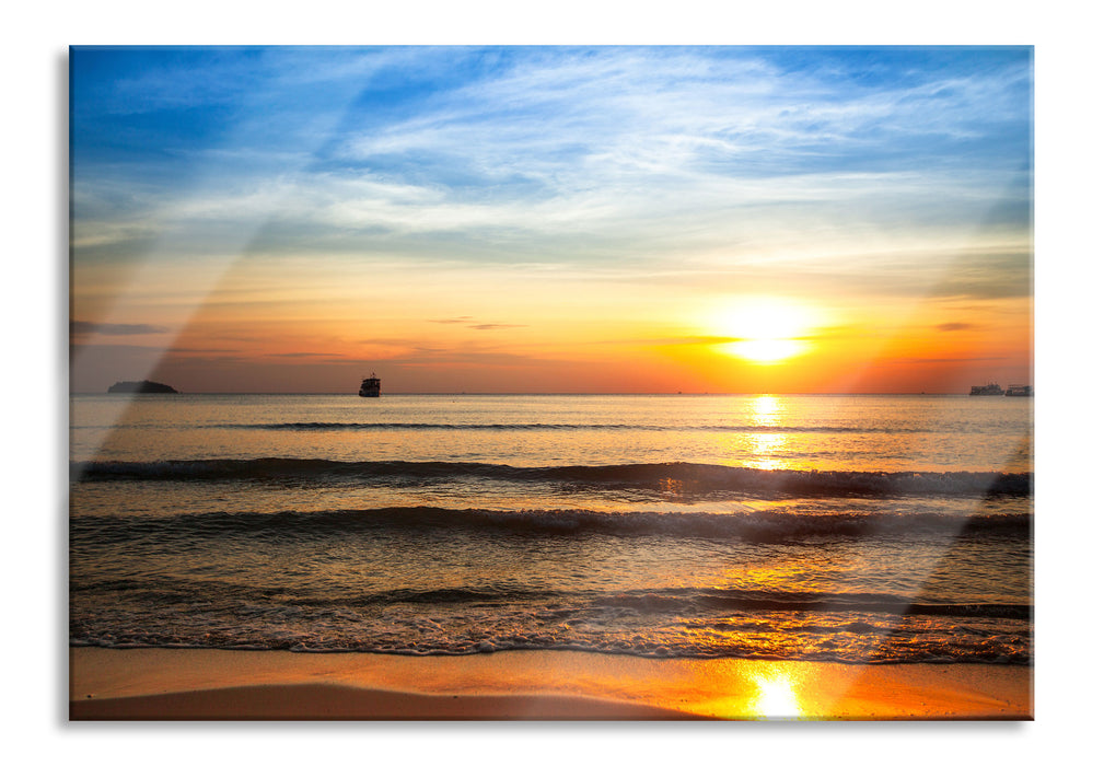 Strand Sonnenuntergang wunderschön, Glasbild