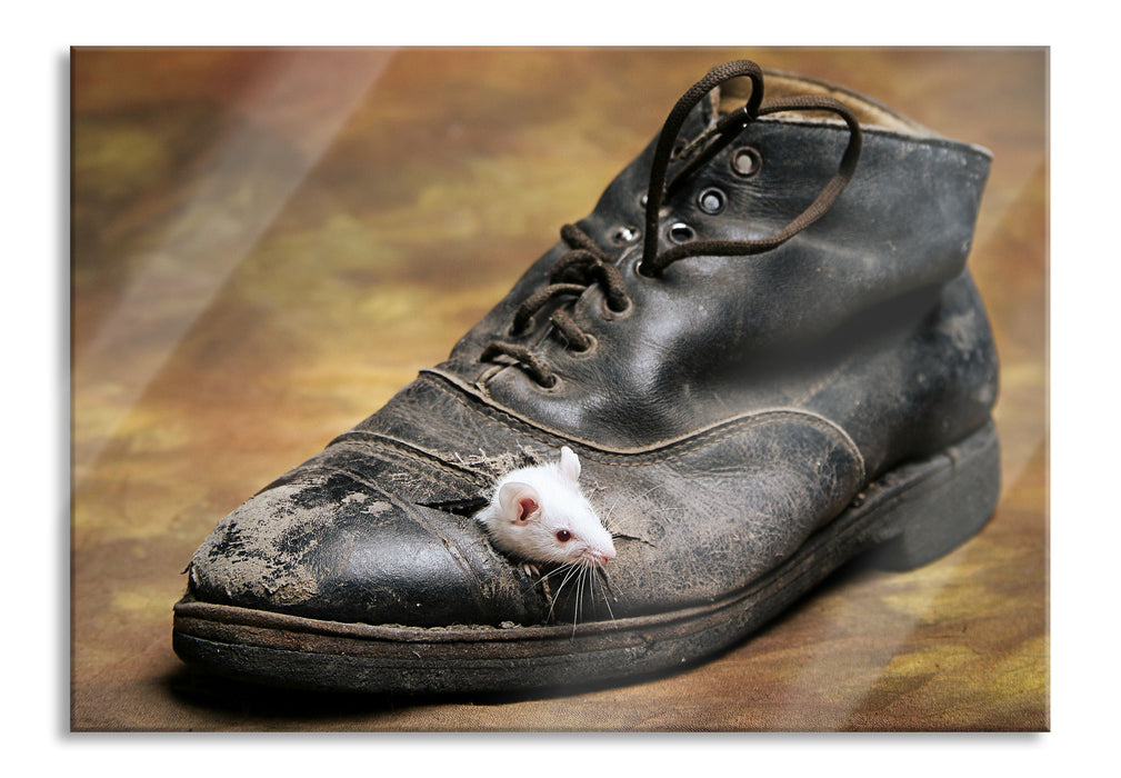 Maus in schwarzem Schuh, Glasbild