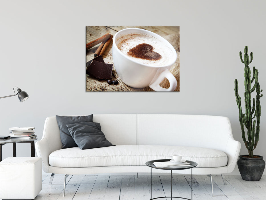 Tasse Kaffee mit Schokolade, Glasbild