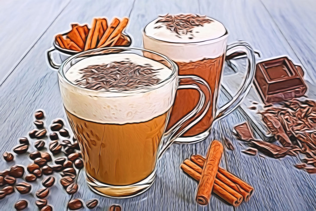 Tassen Kaffee mit Schokolade, Glasbild