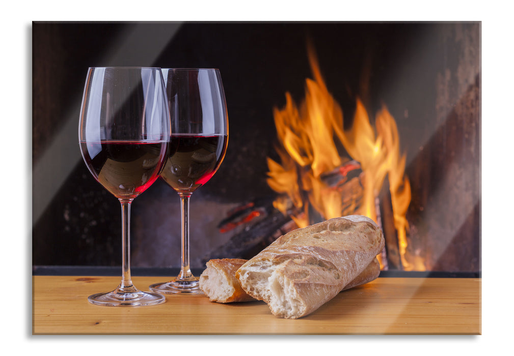 Pixxprint Zwei Gläser Wein mit Baguette, Glasbild