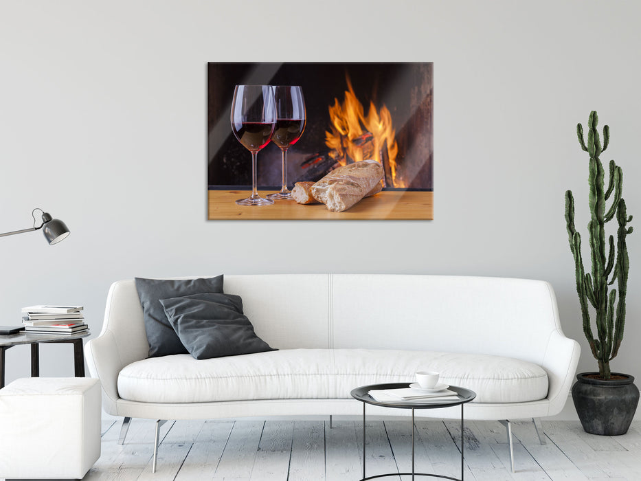 Zwei Gläser Wein mit Baguette, Glasbild