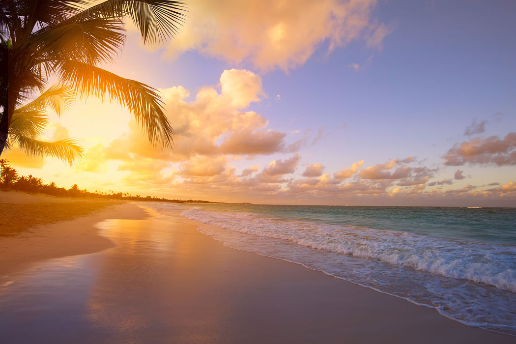 Strand bei Sonnenuntergang, Glasbild